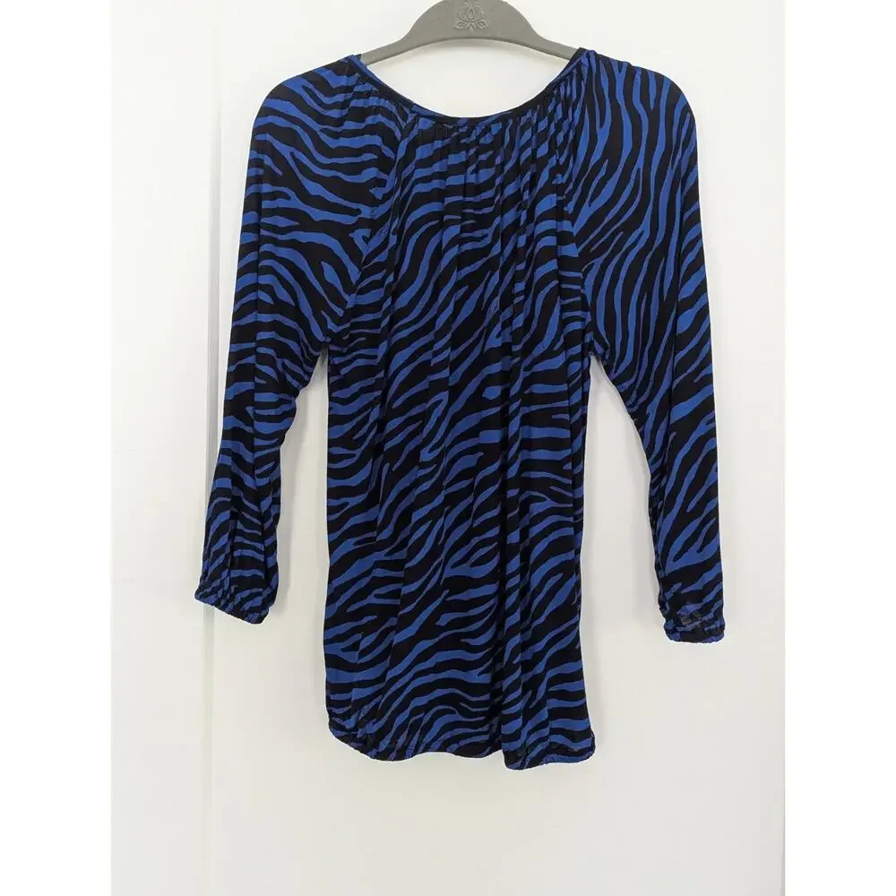Michael Kors Top Blue Black Zebra Print Scoop Neck 3/4 Sleeve Shirt Sz M NWT